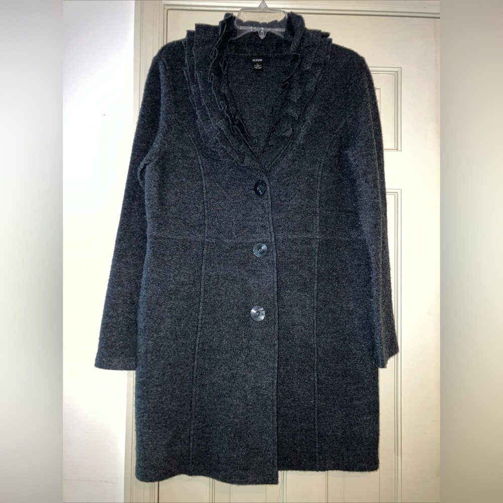 Alfani Womens Ruffle Grey Wool Long Jacket Long Sleeve Size S Button